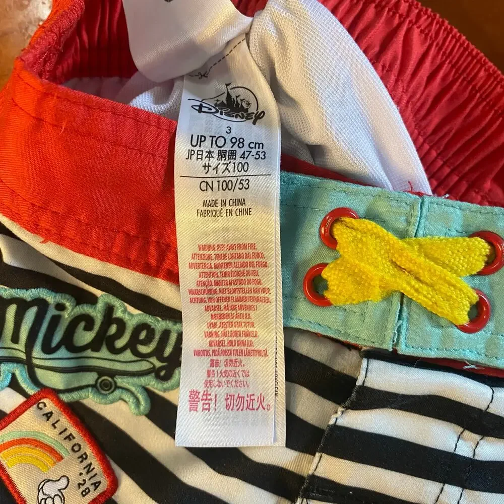 Disney Mickey‎ Mouse retro patches black white striped swim trunk shorts SIZE 3